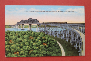 Postcard PC New Orleans Louisiana 1920-1940 Huey P Long Bridge Mississippi railway train USA US United States
